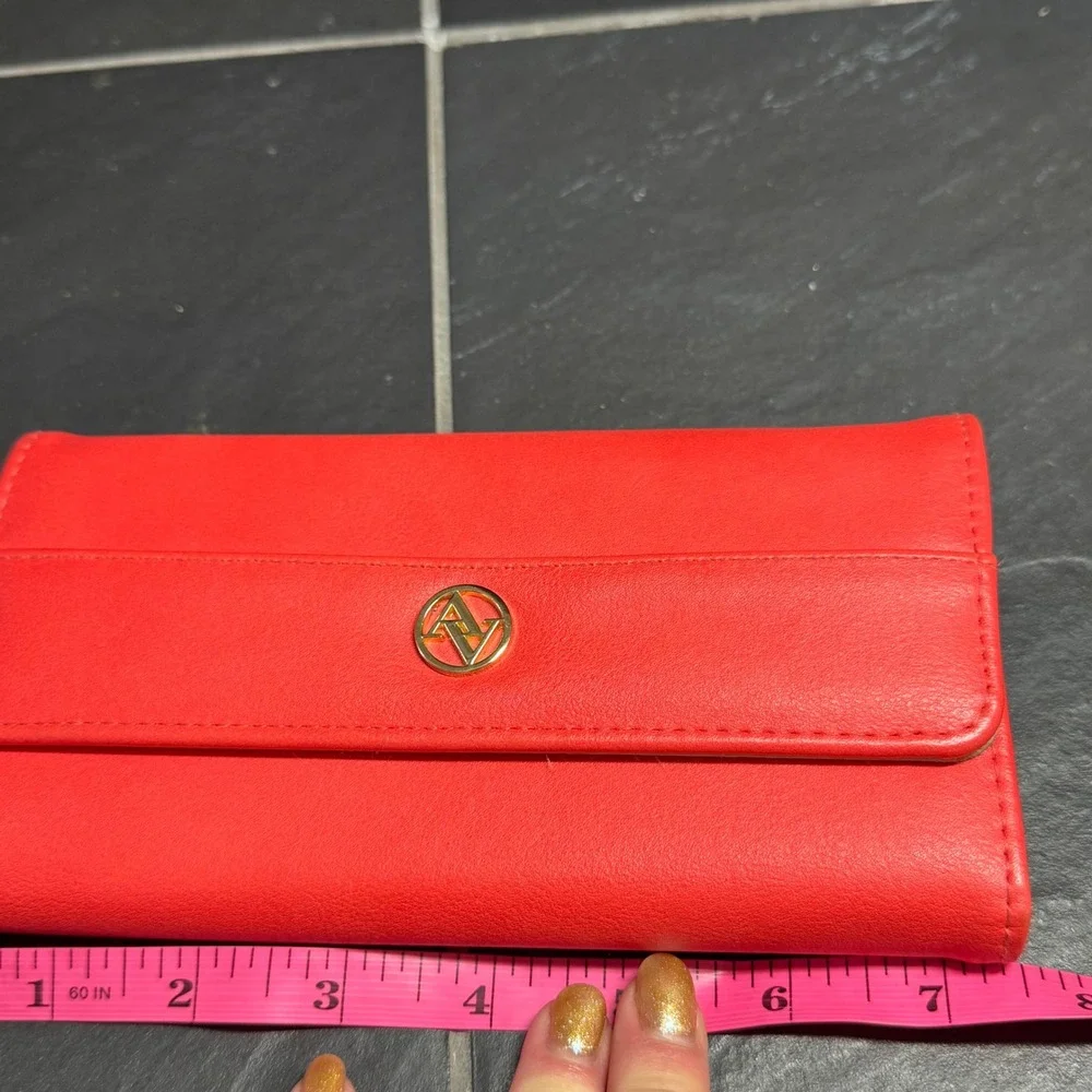 Adrienne Vittadini Red Faux Leather Continental Wallet Gold Logo Snap Closure